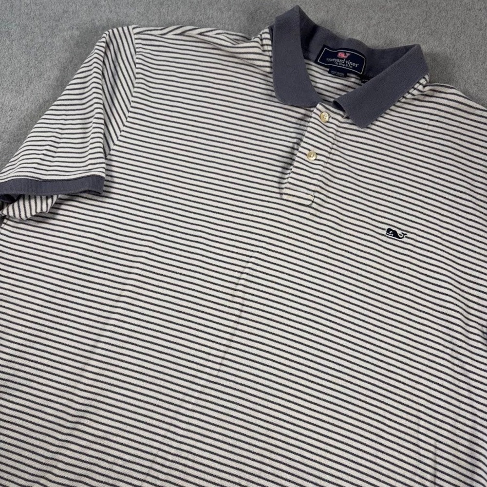 Vineyard Vines Polo Shirt Mens XXL White Navy Blue Striped Short Sleeve Cotton